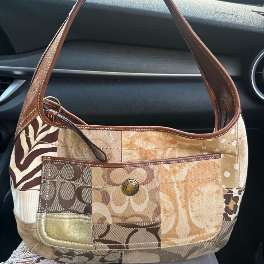 Coach Patchwork Shoulder Bag in Brown and Gold signature leather